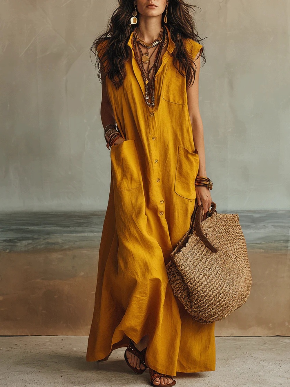 Sleeveless Button-Down Linen Maxi Dress